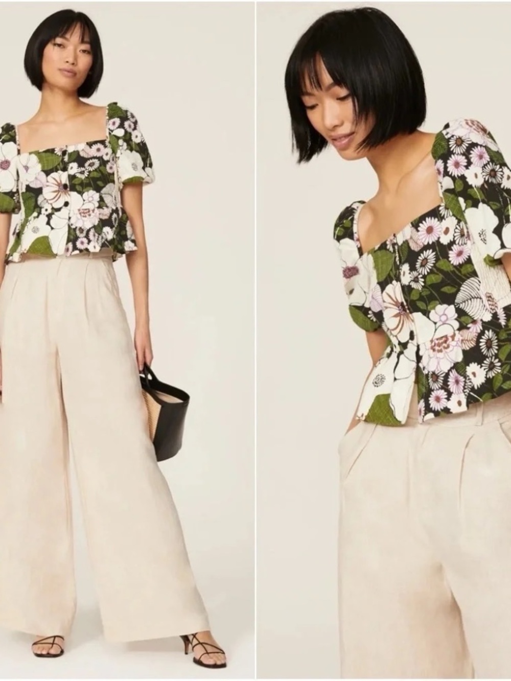 Maje Floral Puff-Sleeve Button Down Blouse in Olive Cream & Purple